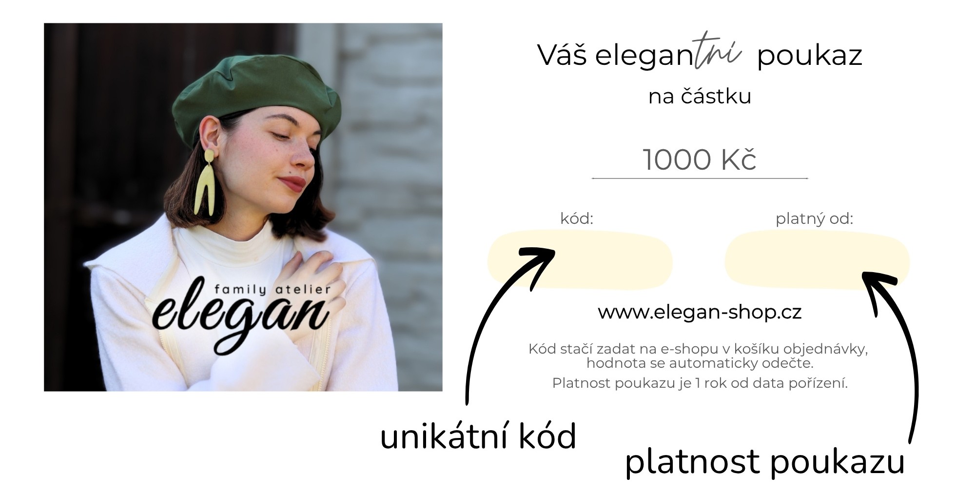 Dárkový elektronický poukaz od české značky Elegan lze vytisknout na domácí tiskárně na obyčejný papír a vleze se do obálky DL.